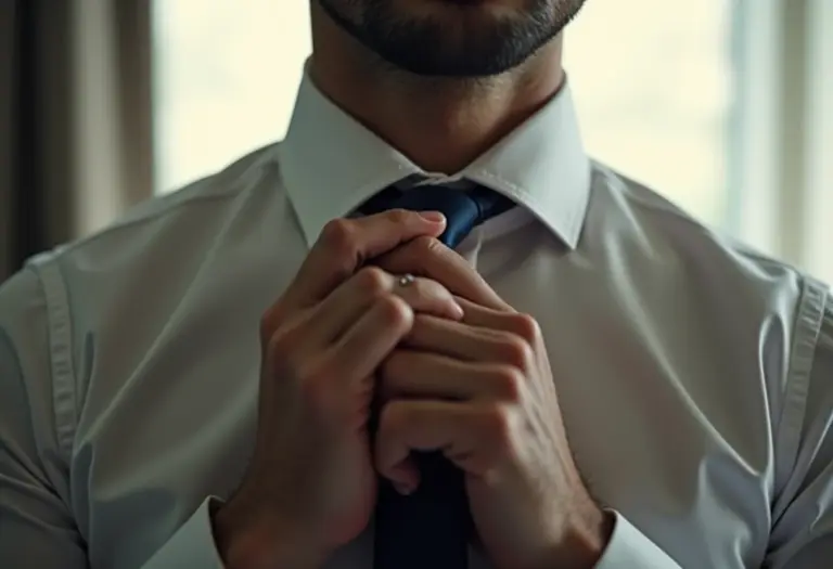 Homem ajustando o nó da gravata com precisão.