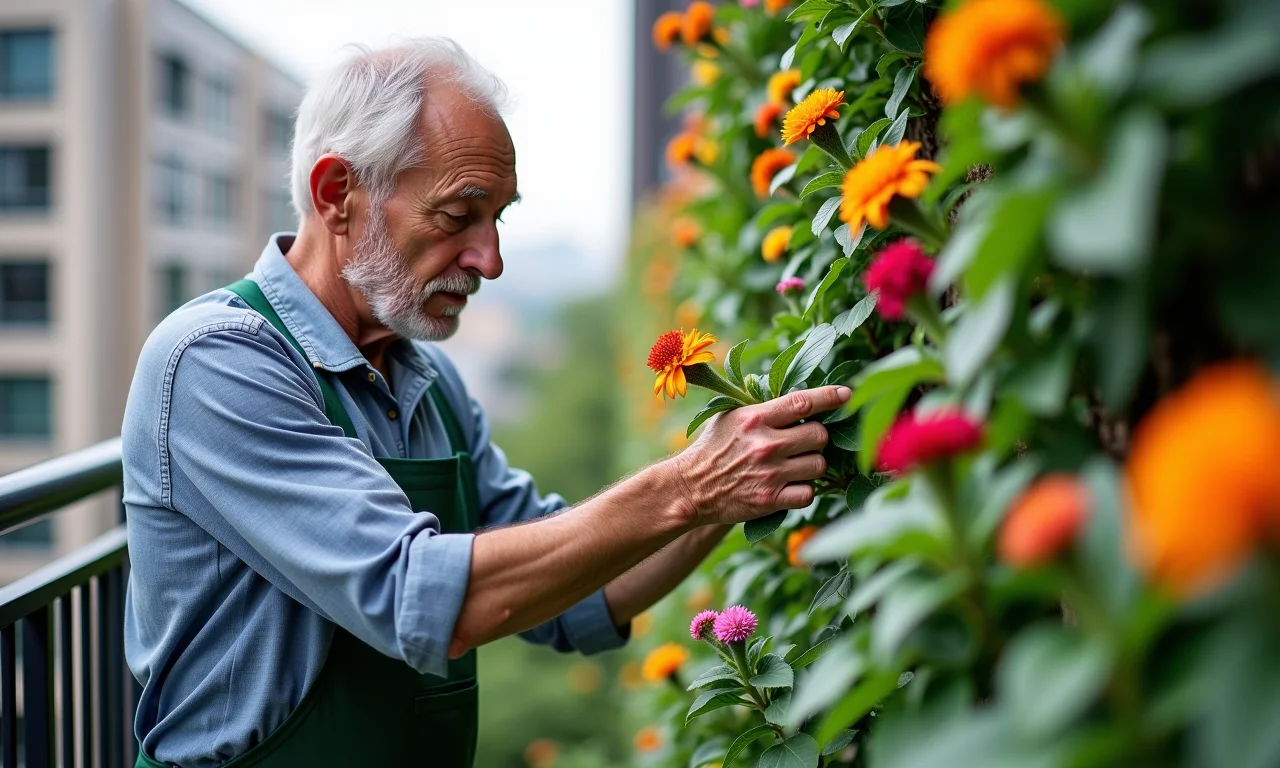 Homem aposentado cuidando de seu jardim vertical na varanda.