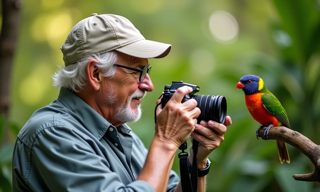 Homem aposentado fotografando um pássaro colorido em seu jardim.