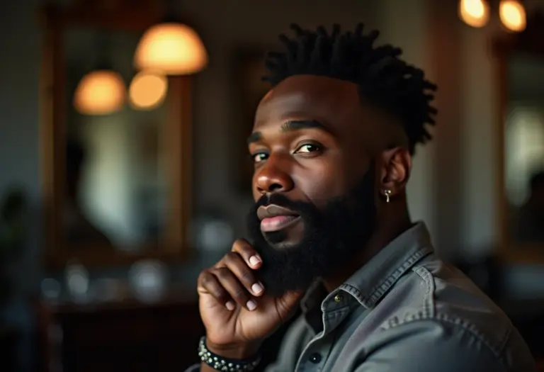 Homem barbudo com barba bem cuidada em barbearia.