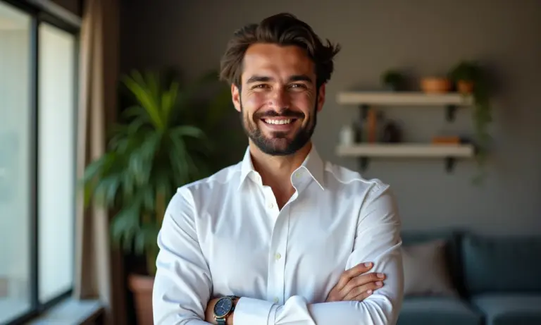 Homem brasileiro sorrindo e mostrando camisa social com caimento perfeito.