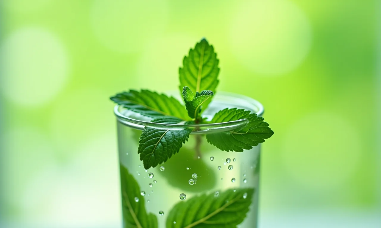 Hortelã fresca num copo de vidro com gotas de água.