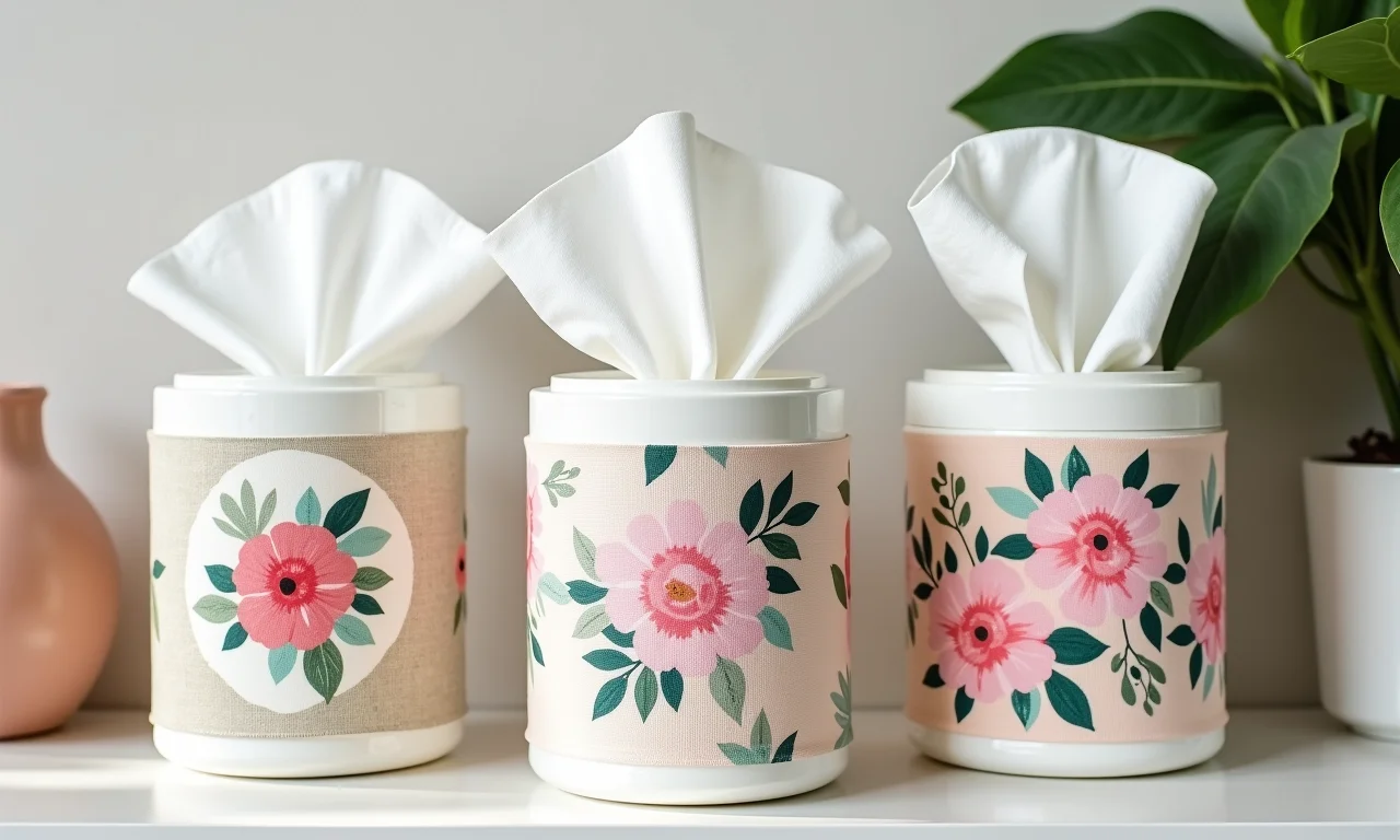 Ideias criativas para customizar porta-lenços reciclado: decoupage, tecido e pintura floral.