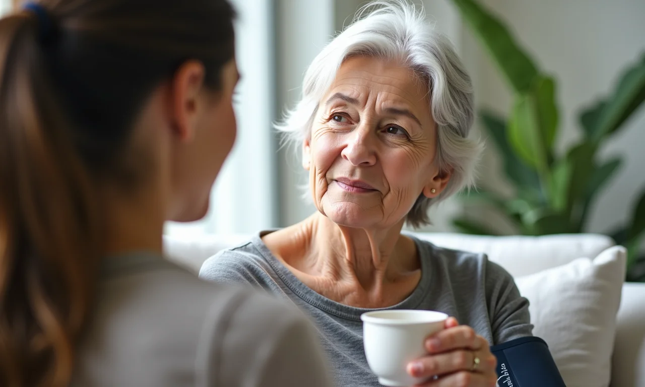 Idosa verificando pressão arterial enquanto bebe chá de amora.