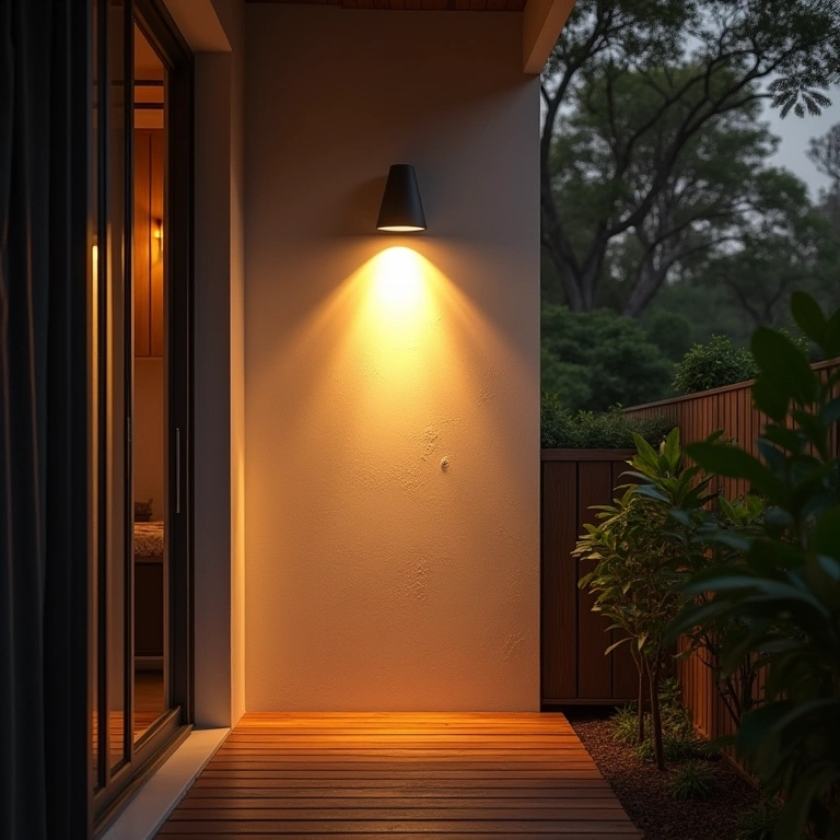Illuminated wall, Brazilian home, natural light, outdoor lighting, cozy atmosphere, lifestyle Muro iluminado à noite em casa brasileira.