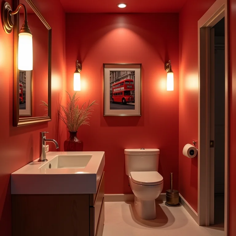 Iluminação aconchegante em banheiro com tema de ônibus de Londres.