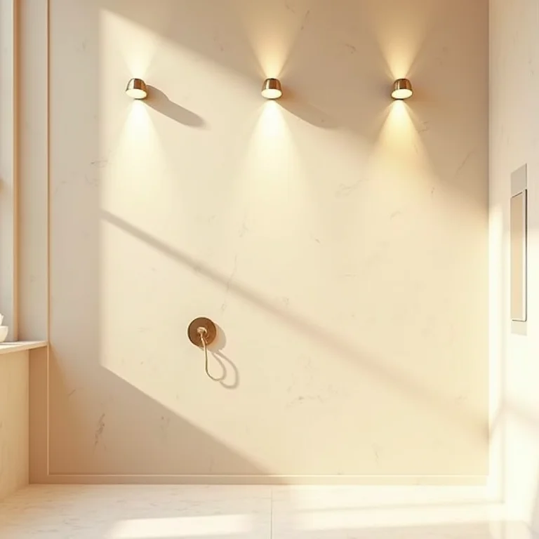 Iluminação em banheiro bege com revestimento 3D.