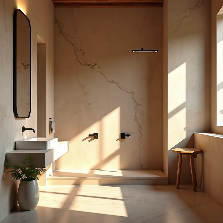 Iluminação em banheiro rústico com mármore travertino, atmosfera aconchegante