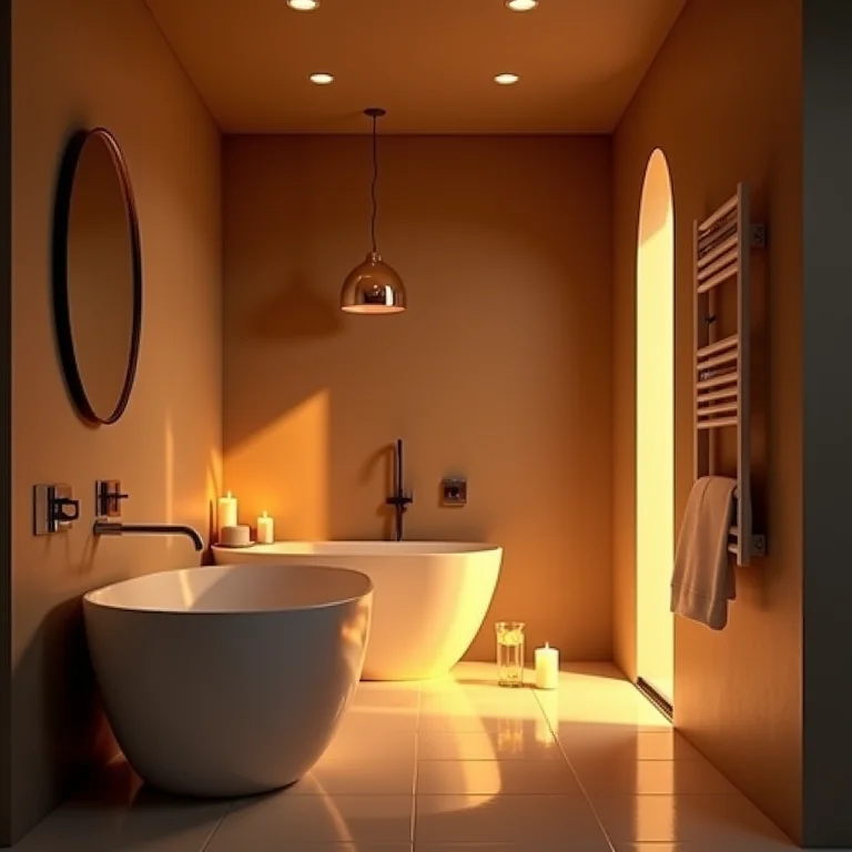 Iluminação estratégica criando um ambiente aconchegante em banheiro pequeno.