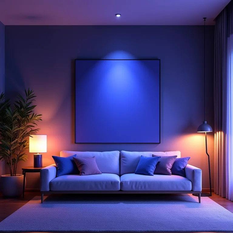 Iluminação estratégica valorizando cores análogas em sala de estar