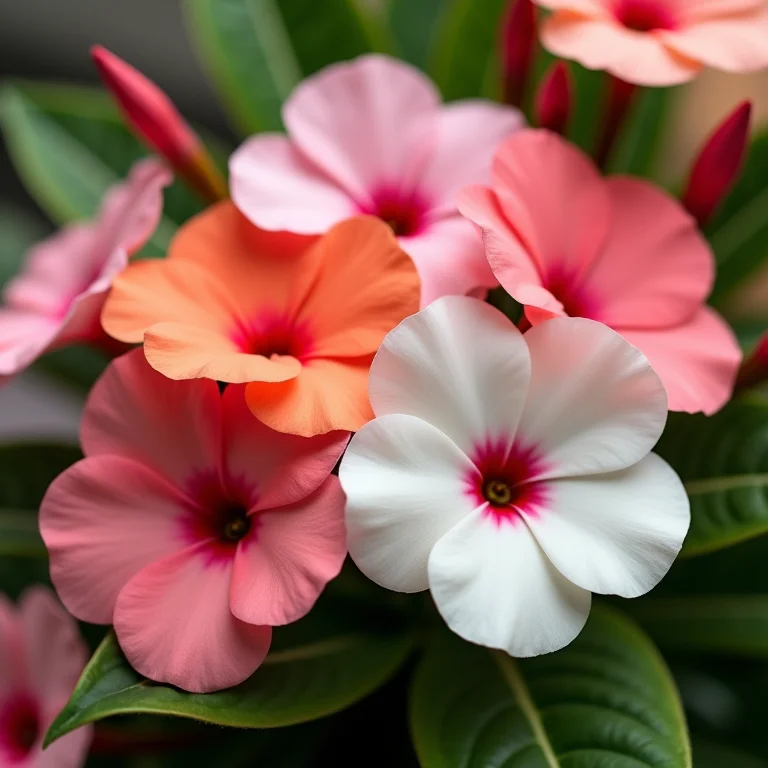 Impatiens em tons de rosa, coral e branco.