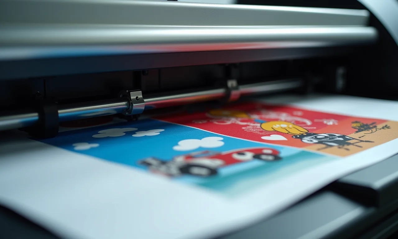 Impressora sublimática imprimindo design colorido em papel transfer.