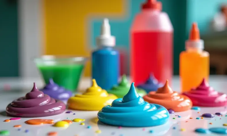 Ingredientes coloridos para fazer slime caseiro em uma bancada de cozinha.