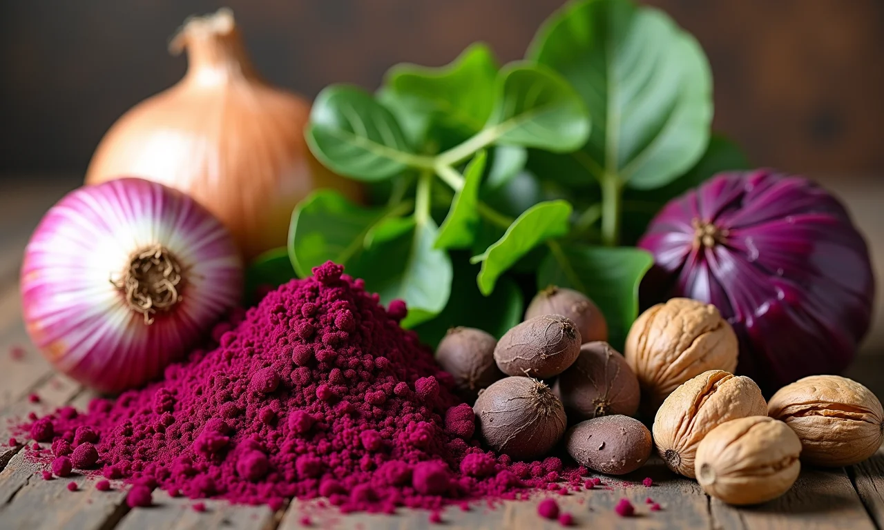 Ingredientes naturais para tingir tecidos: casca de cebola, beterraba, casca de nozes, espinafre, repolho roxo.