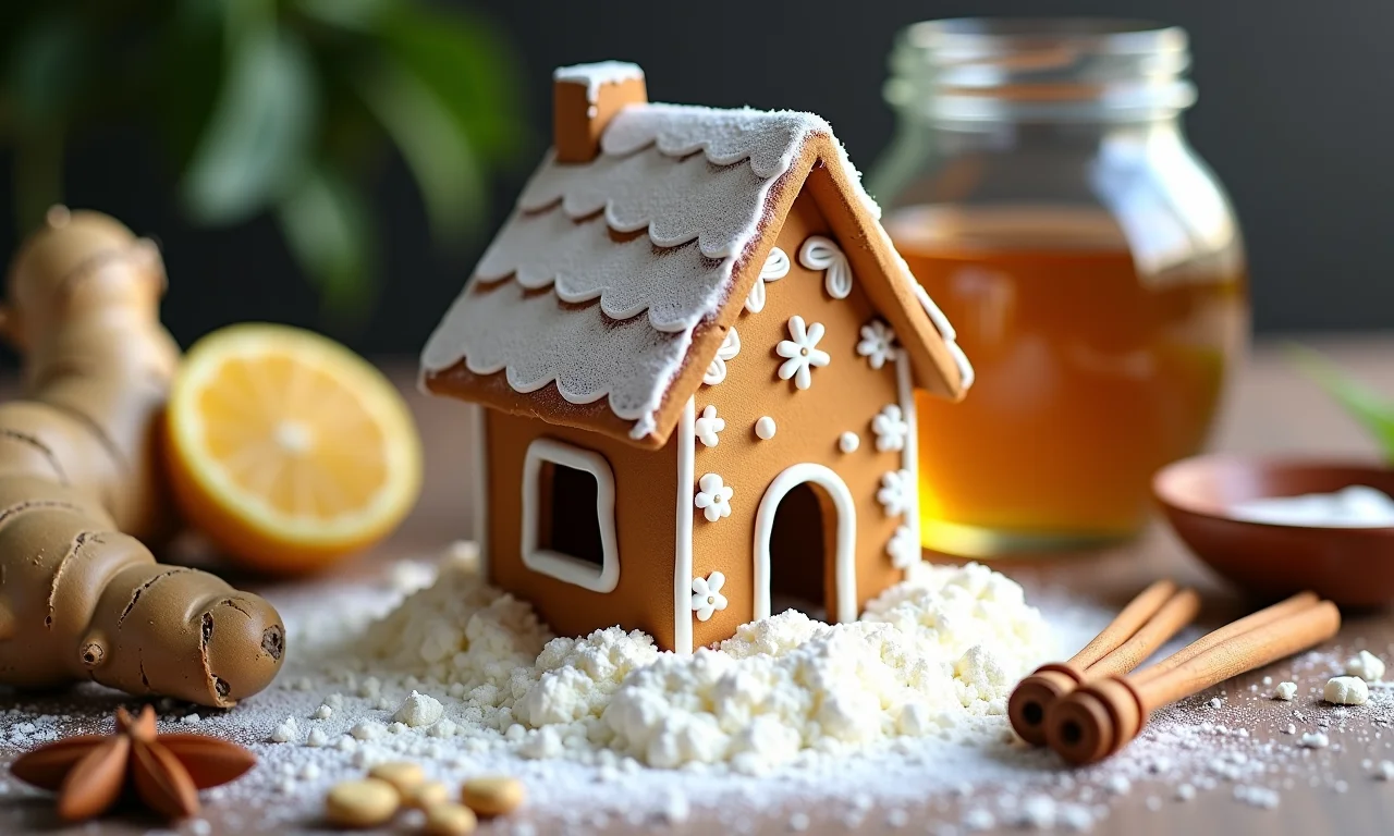 Ingredientes para a casinha de biscoito de gengibre dispostos em uma mesa.