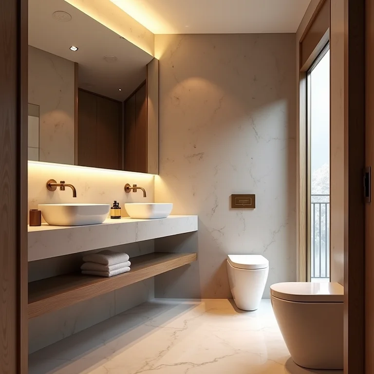 Interior de um banheiro químico de luxo com espelho e iluminação elegante