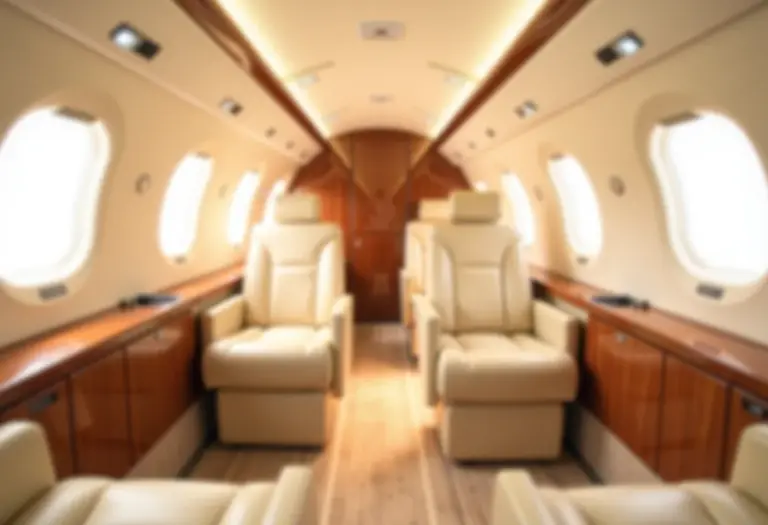 Interior luxuoso de um avião particular com piso de madeira clara.
