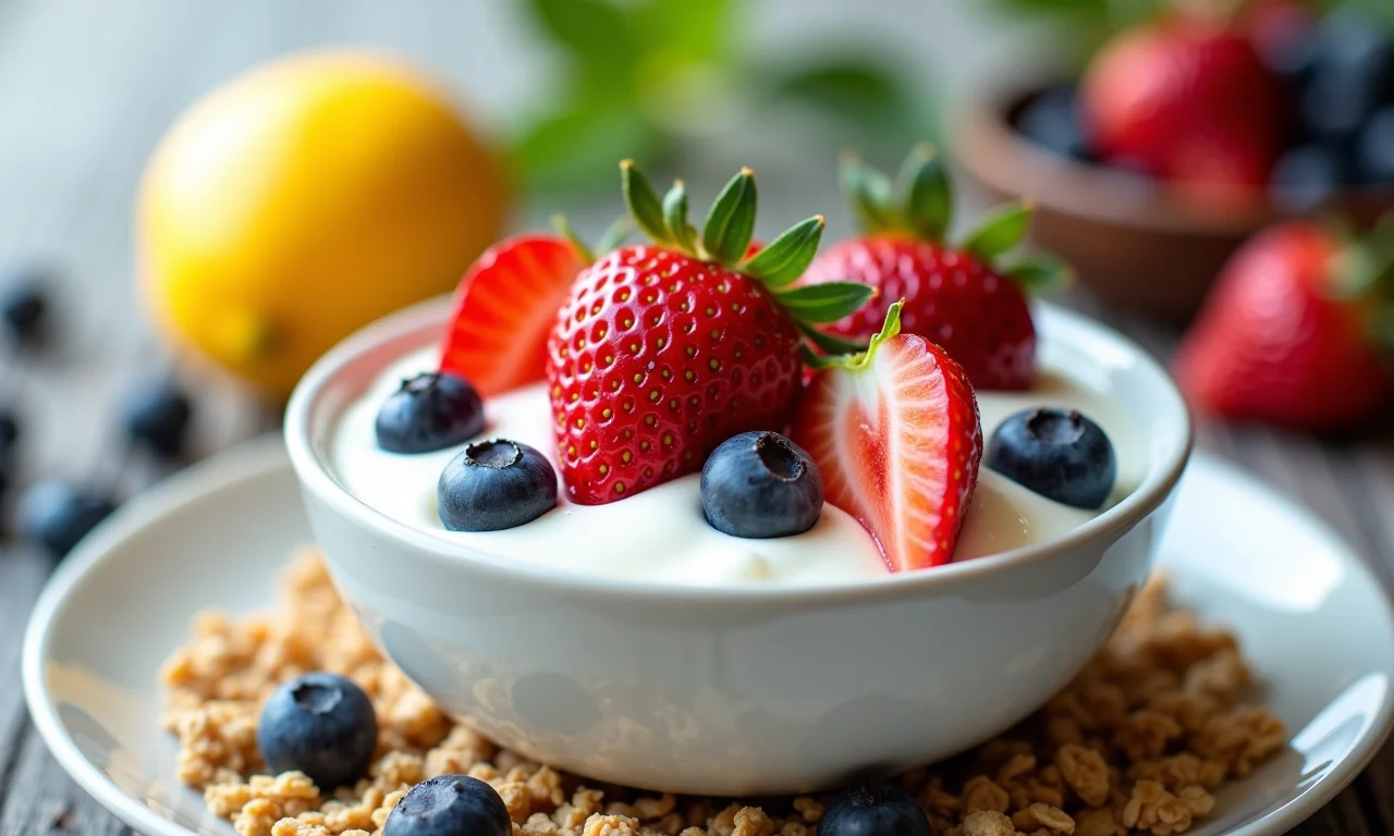 Iogurte com frutas e granola, probióticos para fortalecer a flora intestinal.