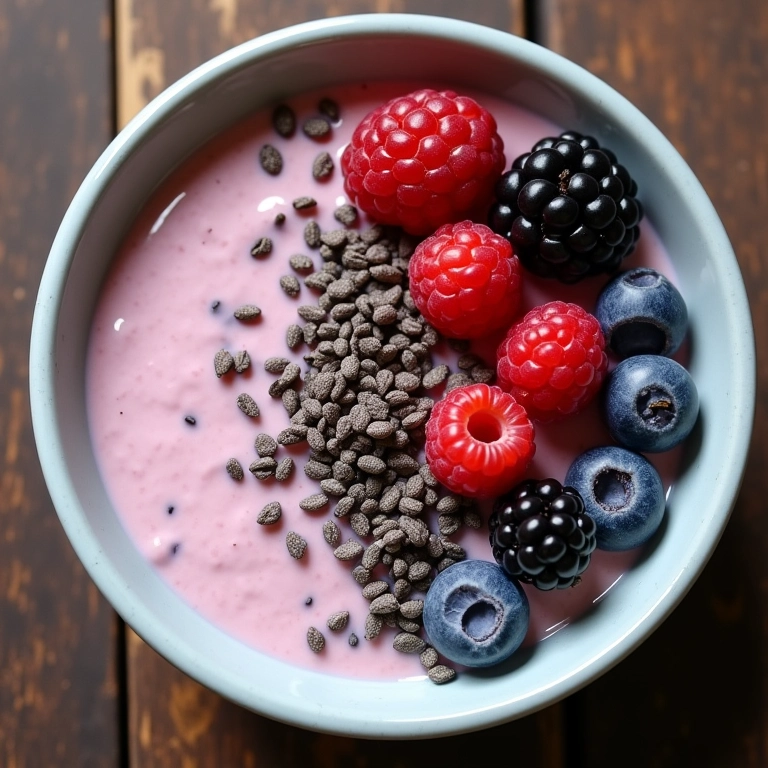 Iogurte com frutas vermelhas e chia, sobremesa saudável.