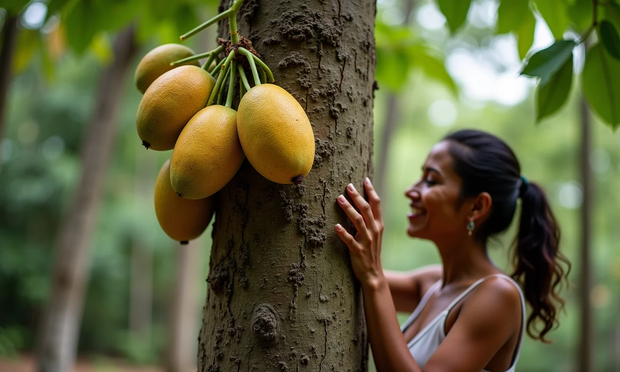 Jabuticabas crescendo no tronco da árvore.
