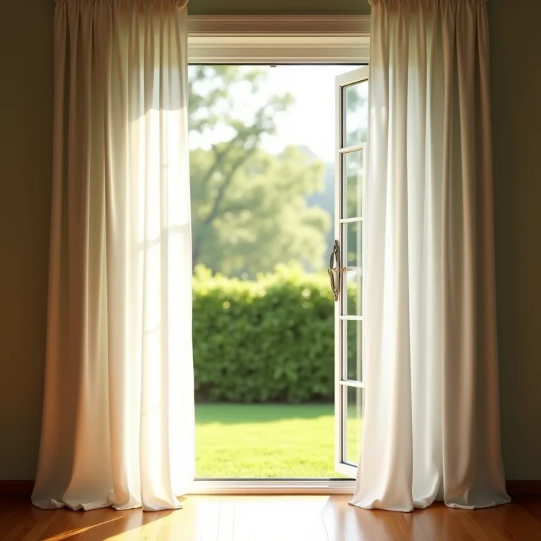 Janela aberta com cortinas ao vento e vista para um jardim