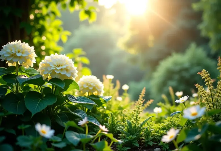 Jardim exuberante com diversas flores para áreas úmidas.