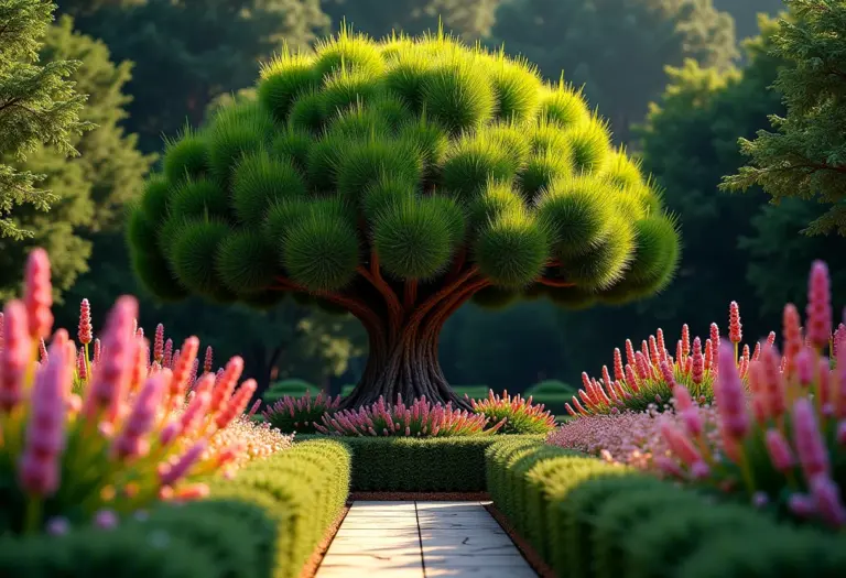 Jardim exuberante com Pinus e flores vibrantes