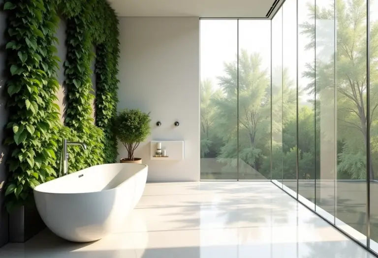 Jardim vertical exuberante em banheiro moderno e iluminado.