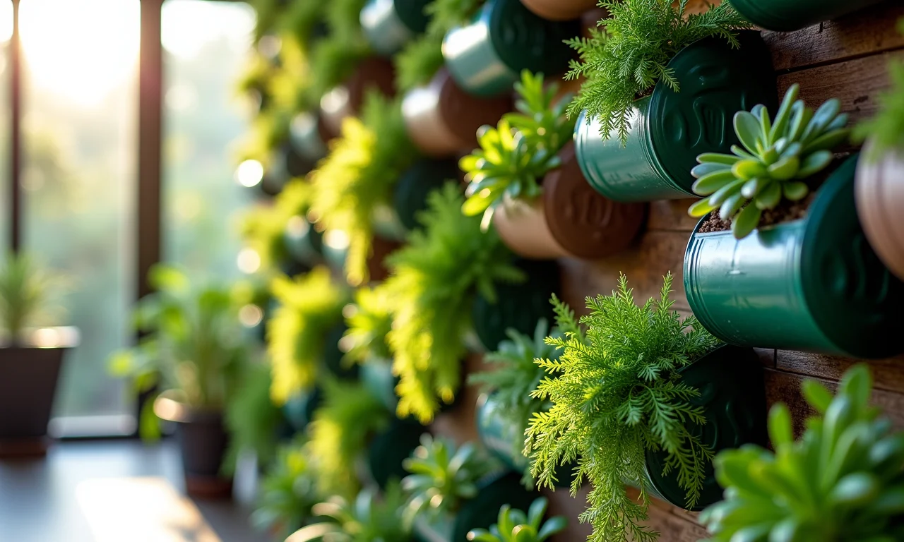 Jardim vertical feito com latas de alumínio.