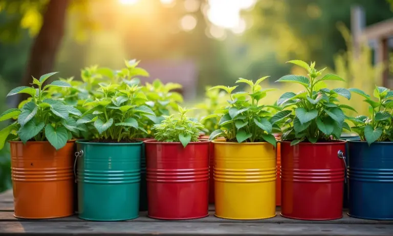 Jardim vibrante com plantas em vasos de lata de tinta recicladas.