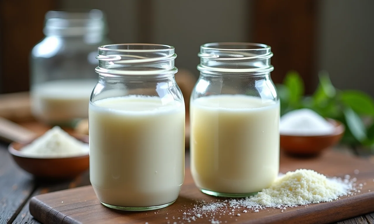 Jarras de vidro com grãos de kefir no leite em cozinha rústica.