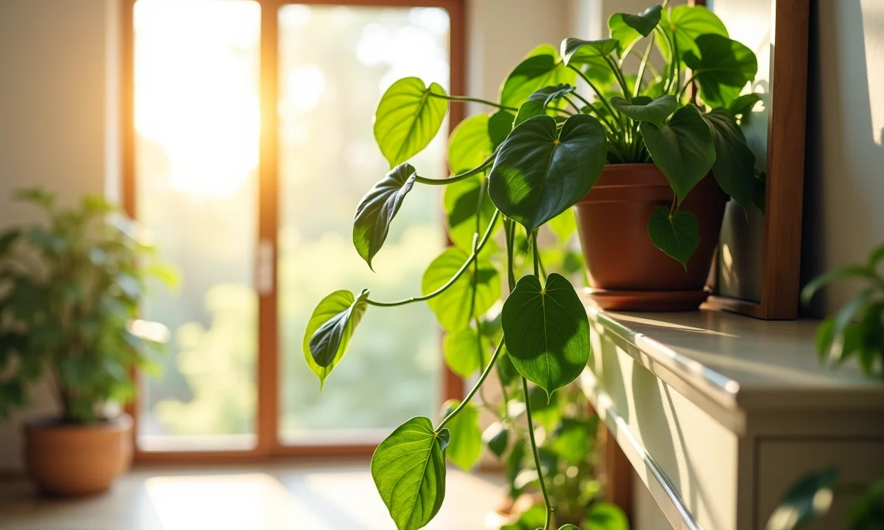 Jiboia pendente em quarto ensolarado, fácil cuidado.