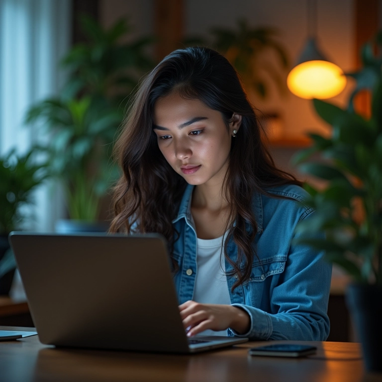 Jovem brasileira de ascendência asiática programando em seu apartamento moderno.