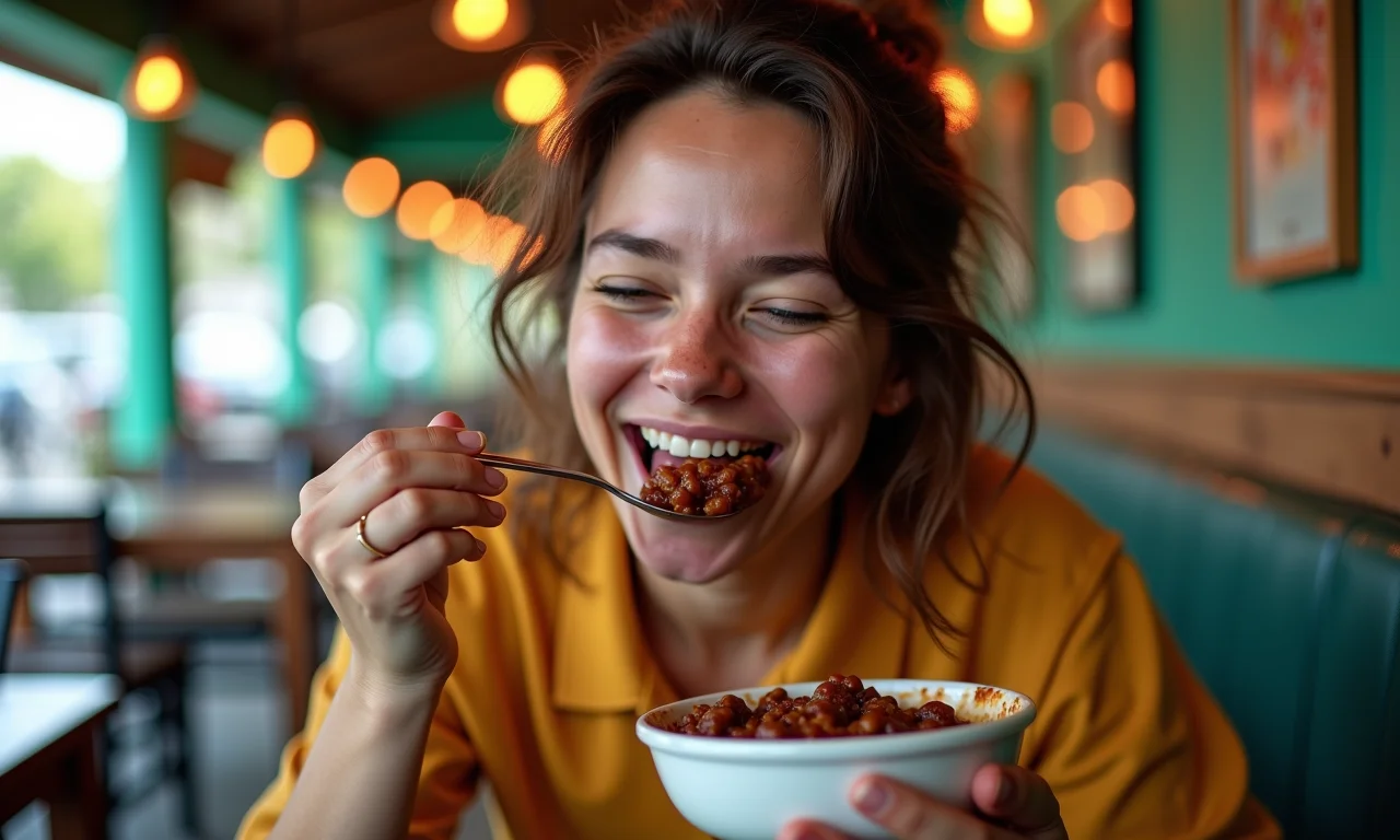 Jovem brasileira saboreando feijoada, com expressão de felicidade e bem-estar.