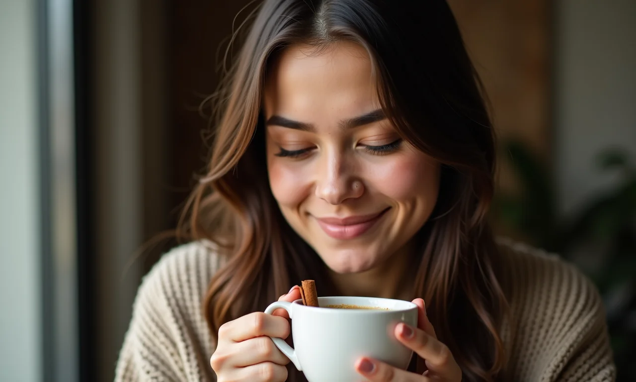Jovem mulher relaxada tomando chá de ervas com canela.