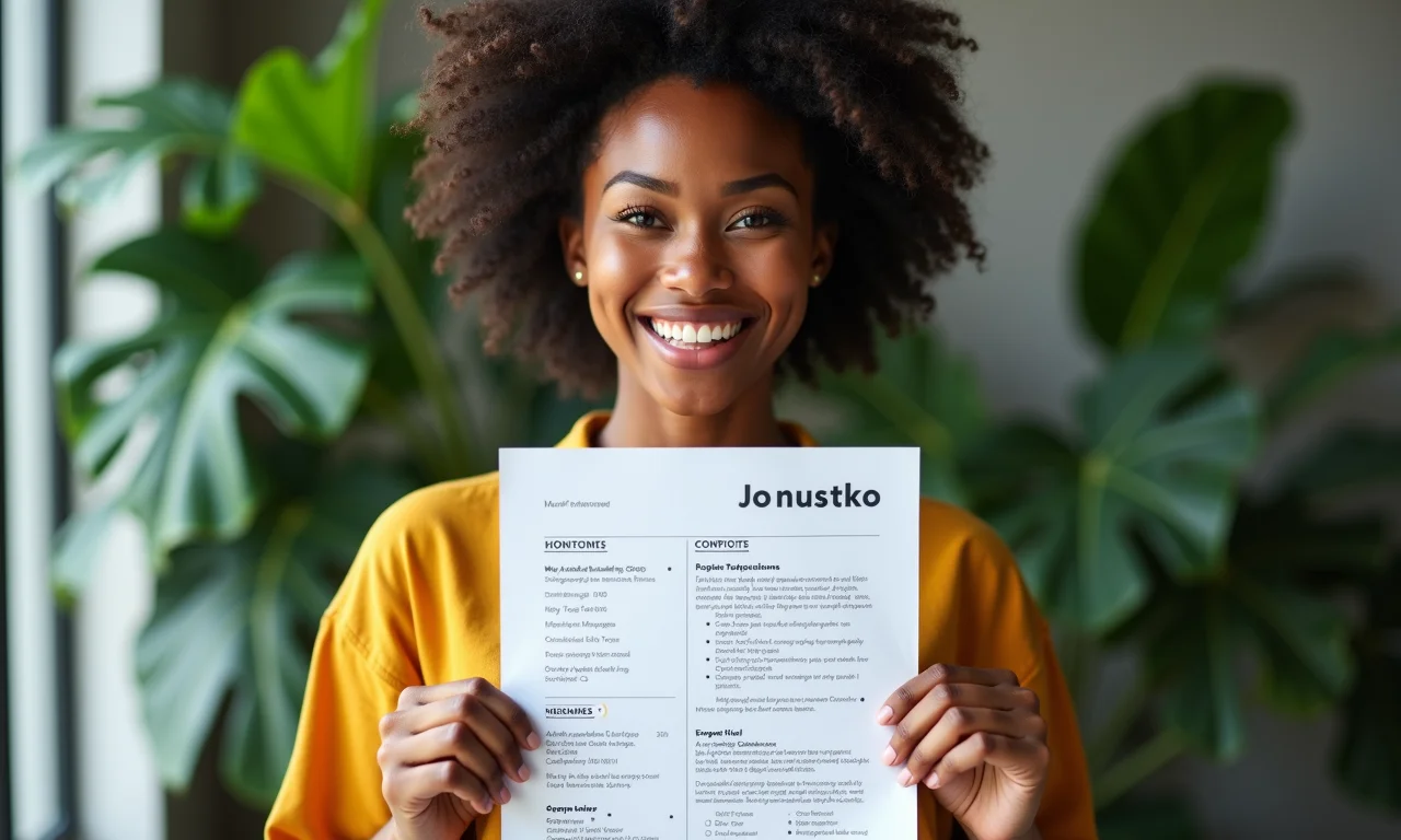 Jovem profissional confiante apresentando um currículo com design único.