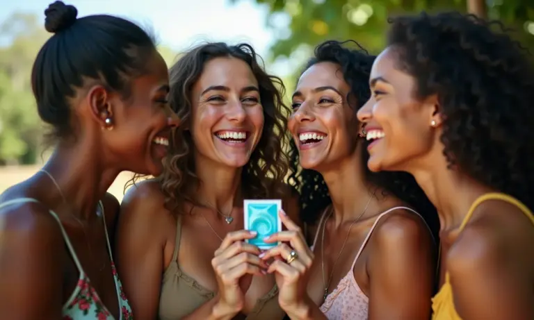 Jovens adultos sorrindo e segurando embalagem de preservativo, representando sexo seguro.