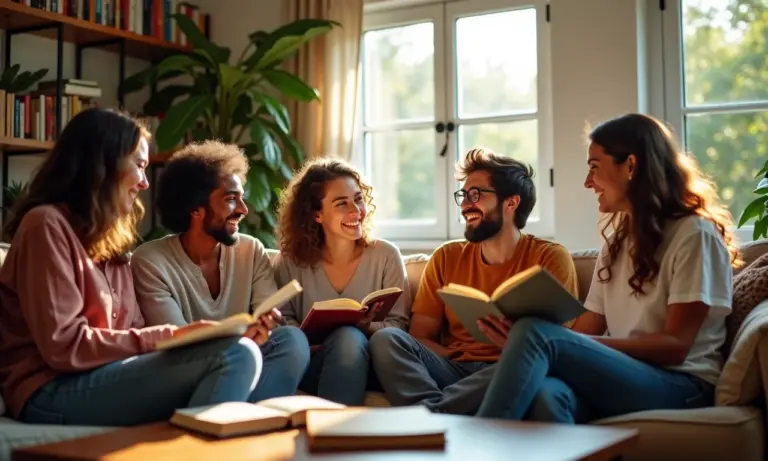 Jovens amigos reunidos em sala aconchegante, compartilhando histórias e livros de romance.