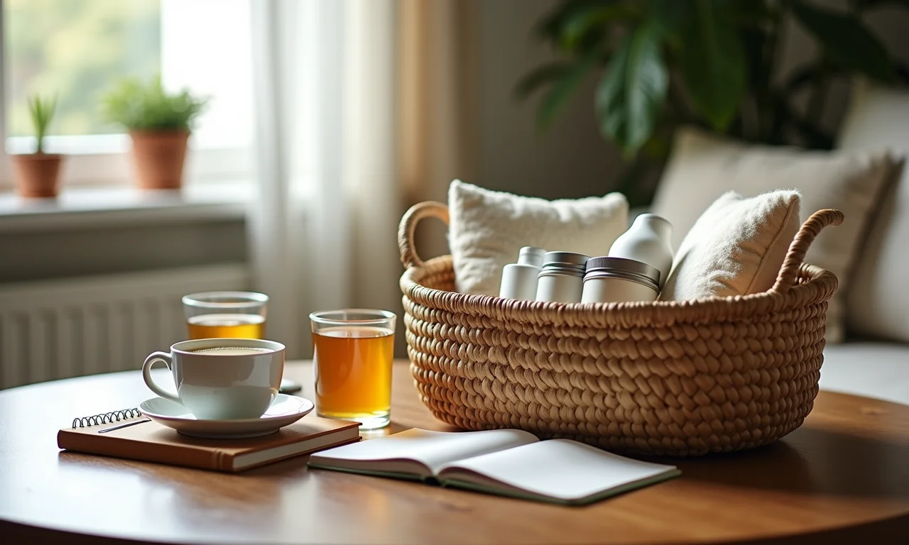 Kit de autocuidado personalizado em cesto brasileiro com velas, chás e produtos.