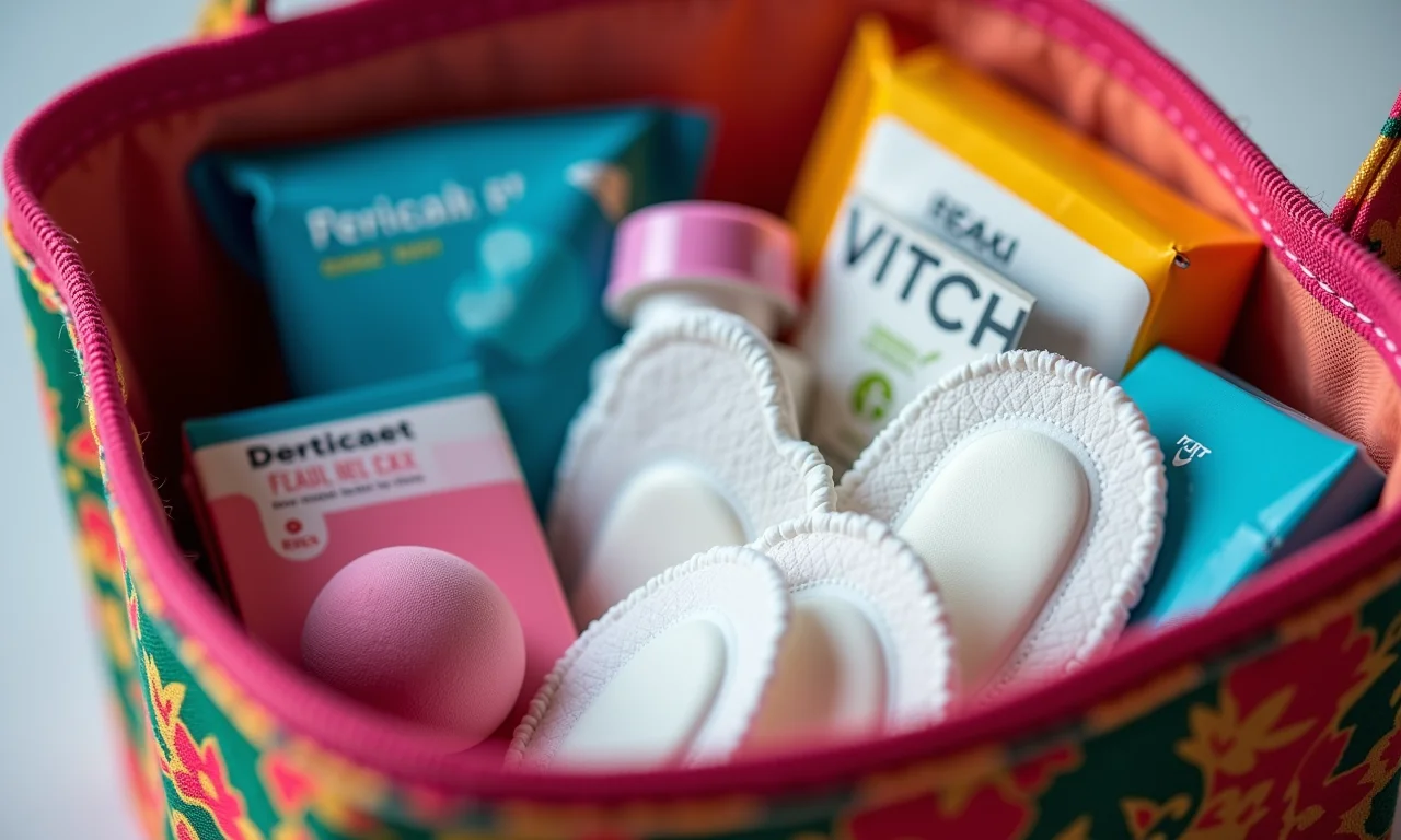 Kit de emergência menstrual completo em uma bolsa colorida.