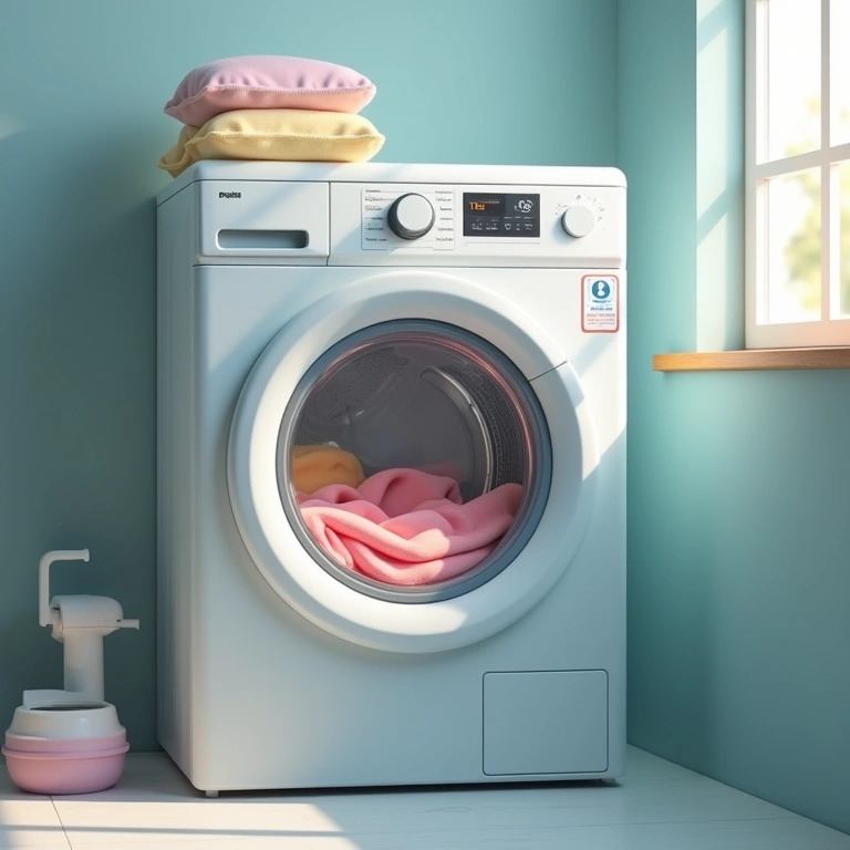 Laundry machine with colorful clothes inside, soap dispenser, bright, natural lighting, clean Máquina de lavar com roupas coloridas e sabão líquido.