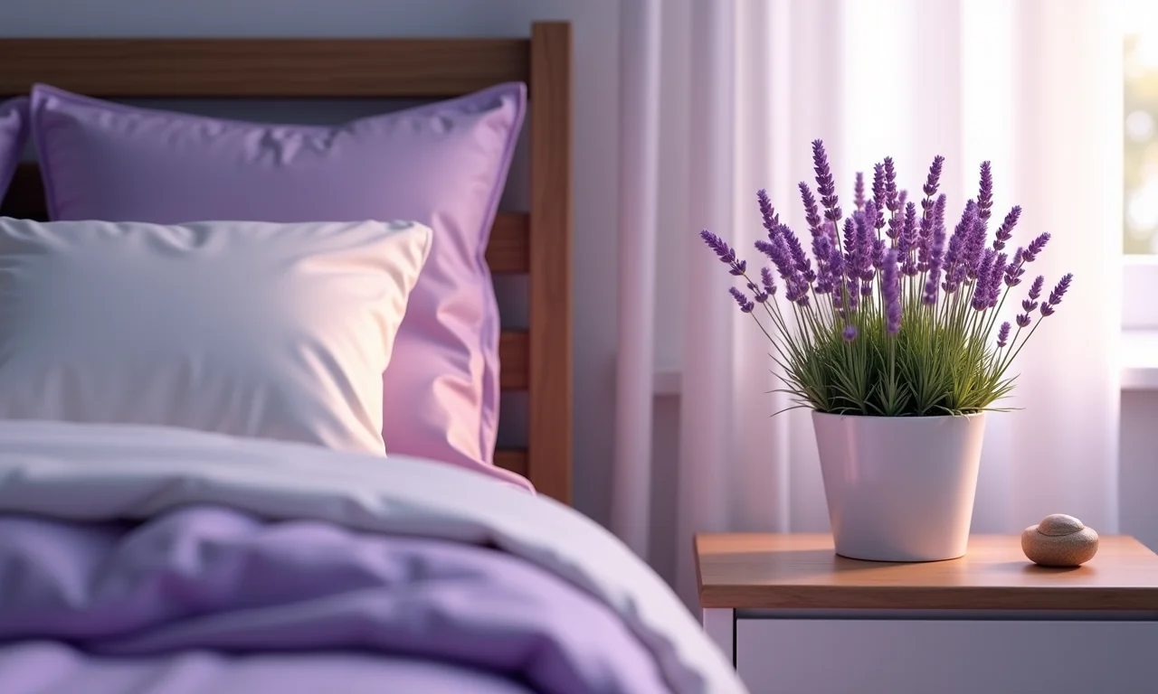 Lavanda na mesa de cabeceira, sono tranquilo e aromaterapia.