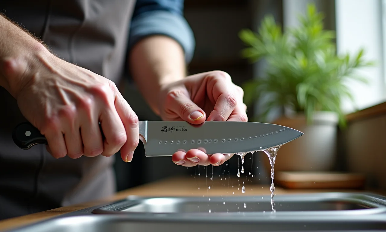 Lavando faca à mão com cuidado.