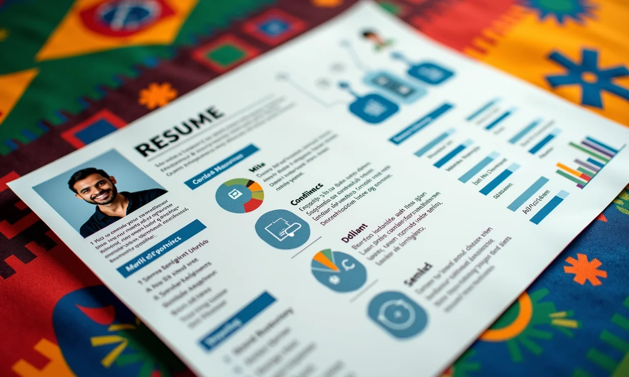 Layout de currículo incorporando ícones e infográficos de forma criativa.