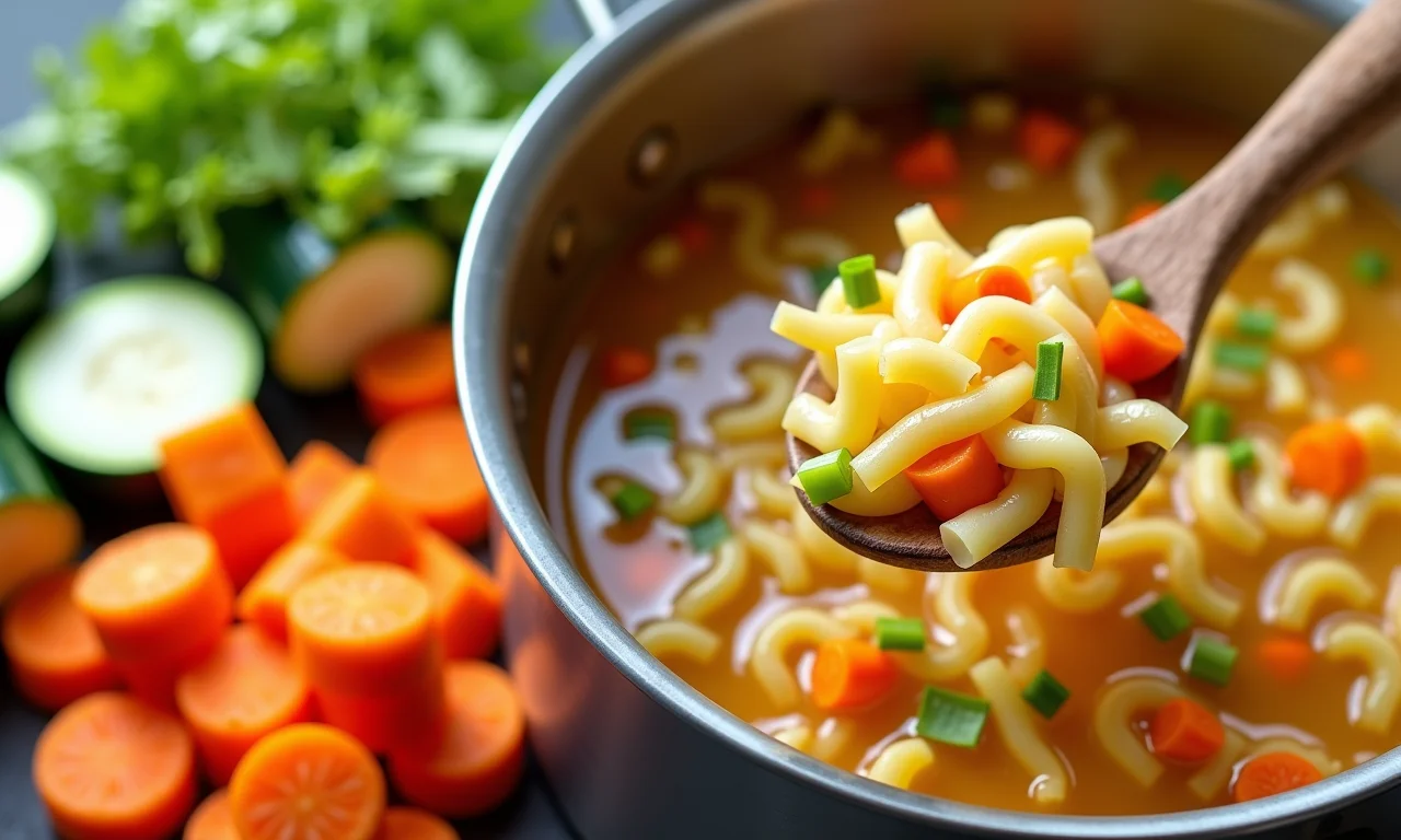 Legumes frescos e vibrantes ao lado de uma panela de sopa de macarrão com frango.