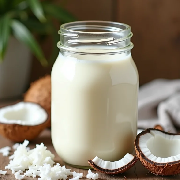 Leite de coco caseiro em pote de vidro
