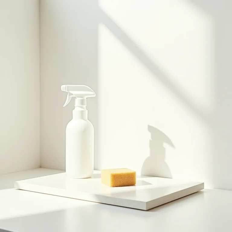 Limpador multiuso, esponja e azulejo limpo dispostos em uma composição organizada.