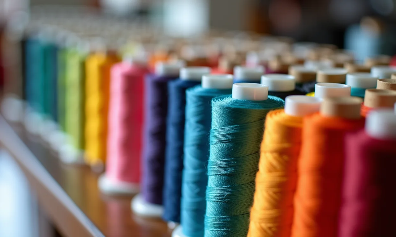 Linhas de costura organizadas por cor em um ateliê iluminado.
