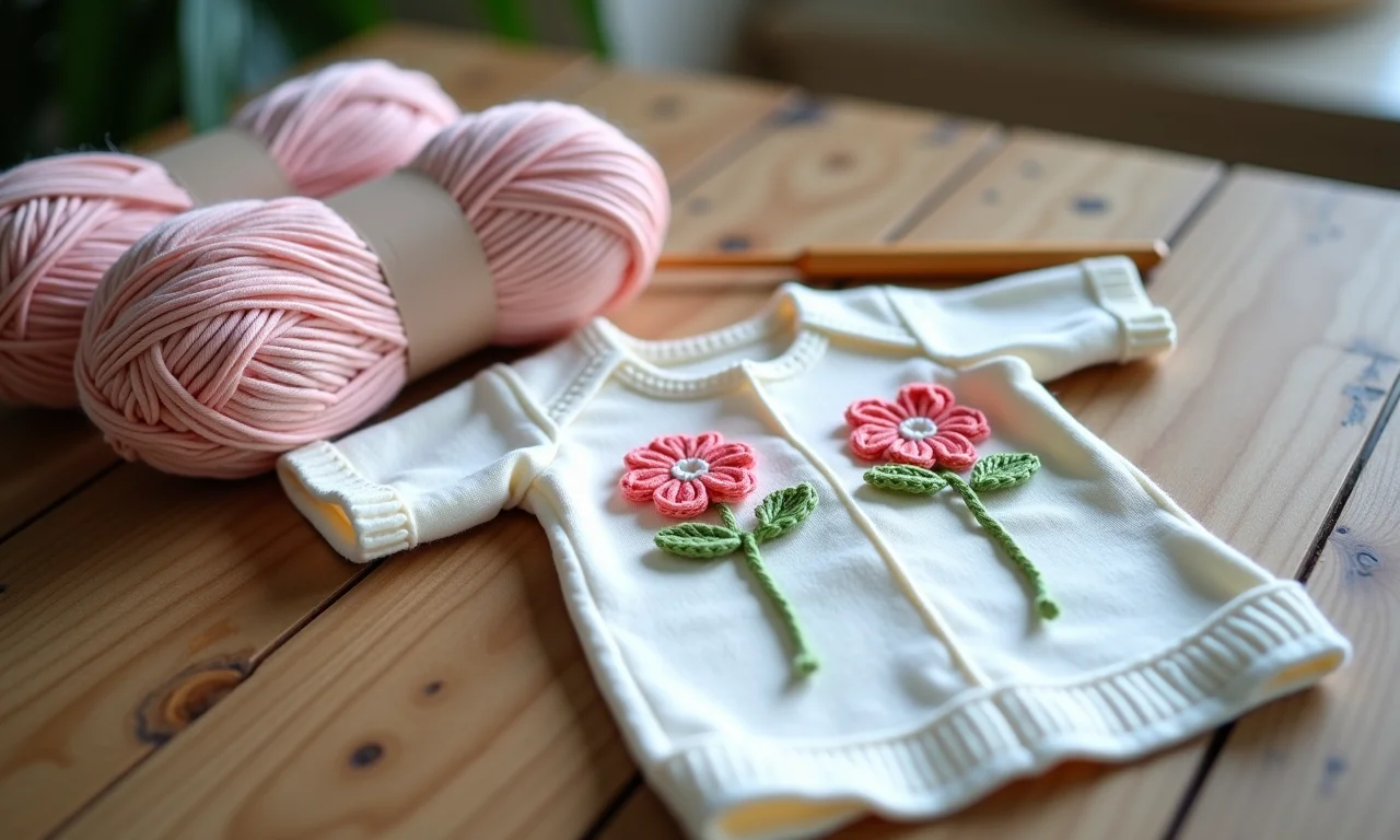 Linhas de crochê coloridas e roupinhas de bebê decoradas com flores de crochê.