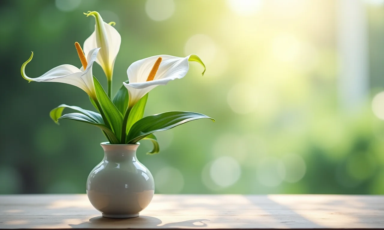 Lírio da Paz em mesa de cabeceira, ambiente tranquilo.